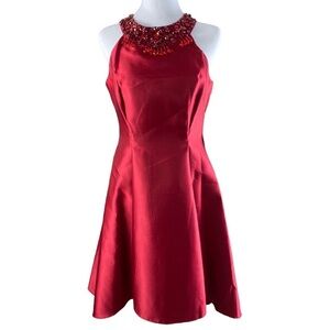 Adrianna Papell Red Party Holiday Rhinestone Sleeveless High Low Dress sz 4
